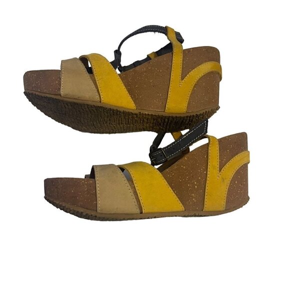 BioNatural by Bos & Co Wedge Sandals Blue & Mustard Yellow Leather Cork Size 9 - Picture 4 of 11